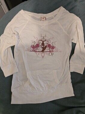 Vintage OP White Pullover with Pink Graphic Surf Design